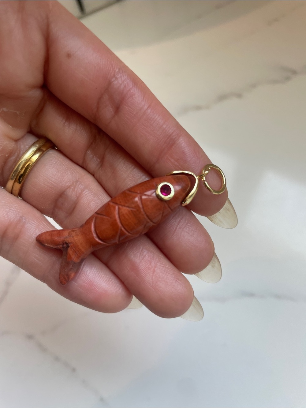 Hand-Carved Carnelian Fish Pendant Charm w/ Magenta Zircon Eye, 18K Gold Plated